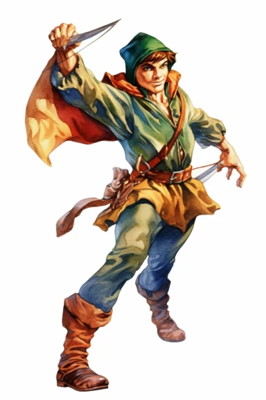 Clipart style, full-body figure of Robin Hood fighting, disney cartoon characters, low detailed, aquarel painting style, volume and bright colors, white background