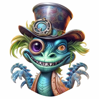 COMIC/CARTOON fantasy magical wacky dragon ,large eyeglasses, hats, muted colors, swirls, twists, twirls, metallic, glitter, stylized, funny, centered, airbrushed, digital oil, detailed illustration, clip art, cartoon, 8k, ar 9:8