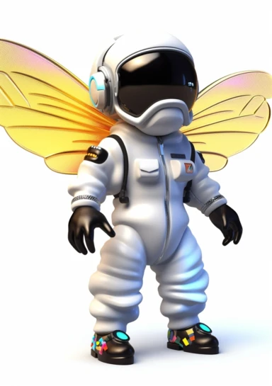 render a 3d cartoon image of a house fly space astronaut wearing a black space suit and white angel wings, clothing logo, hip hop brand, clipart, white background, bright, hyper, colorful,