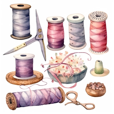 Watercolor clipart on the theme of cozy sewing: thread rolls, fringed braid, vintage scissors, sewing needles, wooden buttons, spools of thread, pin, thimble, various beads. Delicate colours