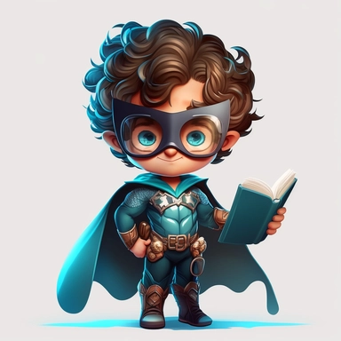 full body happy, smiley and cute little superhero boy with eye mask and cape, looking directly at the camera, with a book in his hand, curly hair, in clipart style