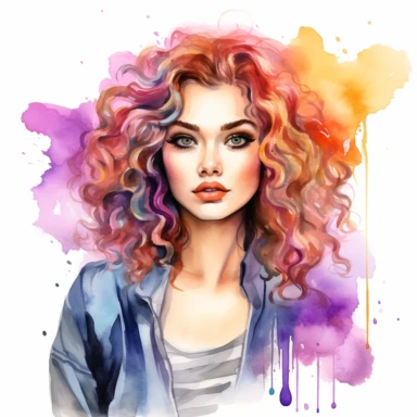 Design a watercolor clipart portrait of a stylish young model with curly hair, featuring vibrant and bold colors in her makeup, clothing, and accessories, representing a fearless and confident personality clipart, white background