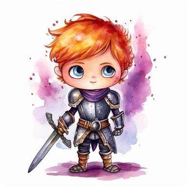 Clipart of a cute little BOY brave happy warrior. She is red headed with green eyes. The background is watercolour. Cute and modern knight outfit. full body. wearing black and purple