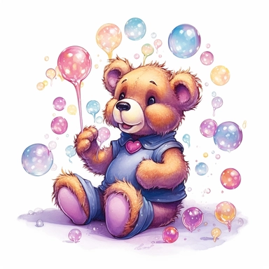 illustrated teddy bear blowing bubbles, clipart variation on a white background