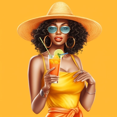pretty black girl, Sun Straw Hat Wide Brim Summer Hat Foldable Roll up Floppy Beach Hats, pretty, holding a cocktail drink, orange outfit, 4k, hd, clipart