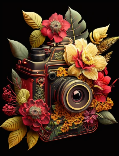 an old fashioned photo camera just 1 photo lens only, surrounded by an intricate arrangement of dramatic extravagant digital 3D red peonies and yellow tiare, in the style of large-scale photography, lush detailing, cartoon style, playfully intricate, made of flowers, bloomcore, tropical ambiant, 8K, clipart, clear background