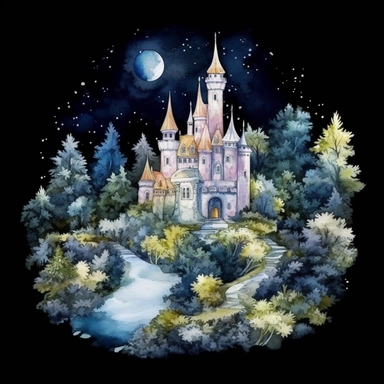 light watercolor Fantasy Castles night scenery on the moon in the garden forest realistic clipart on black background