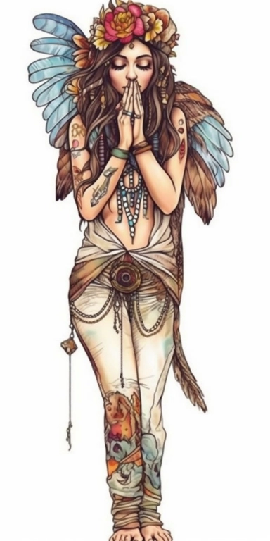 woman in fashion pose, Bohemian, exotic, brown eyed and brown haired woman with a headband with flowers and feather, cowboy boots, lotus choker, large earrings, tattoos, hands in prayer, wearing her heart on her sleeve, watercolor illustration on white ba