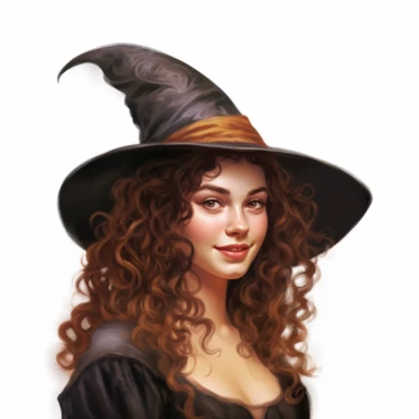 beautiful victorian witch with curly brown hair and freckles wearing a pointed witch hat, looking left, victorian hairstyle, victorian witch hat, Victorian era clothing, beatiful smile, realistic inverted portrait white background, high quality, hyper-realistic, witch Clipart,rainbow dress