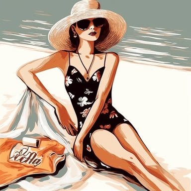 portrait view, full view, clipart illustration, beautiful lady sunbathing on beach, exact image, sharp focus, high detail, (--iw 5)