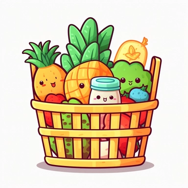 clipart of a cute shopping basket with grocery, chibi style white background