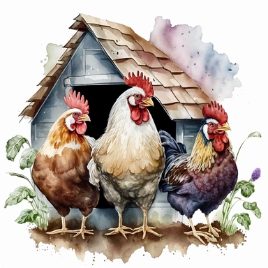 Cute Beautiful Three Chicken Front House watercolor Sublimation Clipart,Cartoon,hyper realistic, intricate detail, illustration style,high solution,on the white background