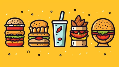 fast food vector clipart vector fast food cute collection, in the style of #screenshotsaturday, flat areas of color, flat color blocks, 1970–present, rough-edged 2d animation, lightbox, colorful animation stills