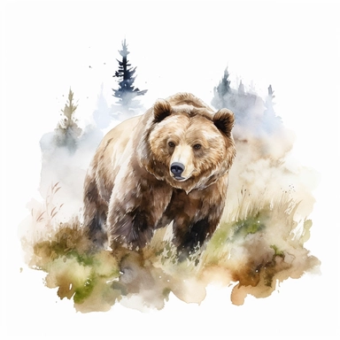 a detailed watercolor painting of a Grizzly Bear in the wild, clipart, white background