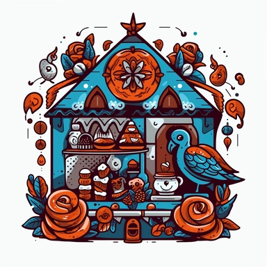 Design clipart for a pastry shop, incorporating a punk aesthetic and elements of Hohloma. The artwork should feature typical pastry shop items like cakes, pastries, and coffee mugs, but with a twist - spikes, studs, and graffiti styles common in punk visuals should be seamlessly blended with the ornate, floral, and bird motifs of Hohloma. The fusion should result in a unique and exciting visual identity that represents both cultures. The color palette should predominantly feature red, gold, blue