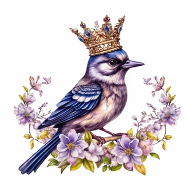 clipart, isolated on white background, beautiful cute Watercolor Spring navy Bird with little metal tiara with gems on the blossom branch, ornated, vivid and saturated colors