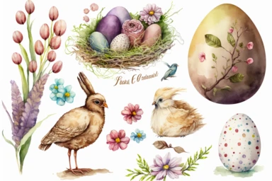 easter items clipart set isolated on white. Watercolor easter concept illustration set. Easter themed design on a white background, watercolor, hyperrealism, high detail, separate elements, set