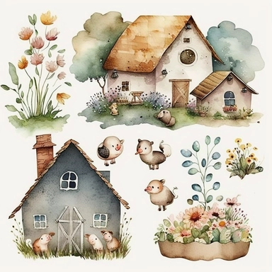 watercolor illustration, country, farm house clipart, cute, happy, adorable, high quality, for children, soft brush texture, soft colors