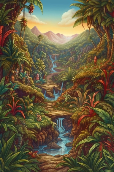 realistic clipart of aztec enchanted landscape, digital painting