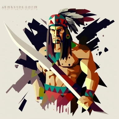 apache leader with an axe, clipart illustration, dark vivid colours, clean, crisp, smooth, with white background