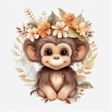 Whimsical boohoo light brown party safari animal clipart,monkey in jungle ,happy anime ,cute baby monkey flowers , white background