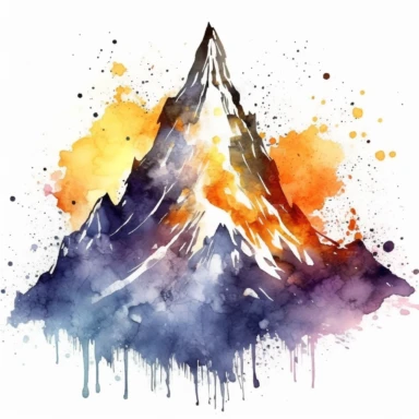 A mountain peak with the spirit of the mountain looking over the horizon clipart, white background, watercolor sophisticated drawing