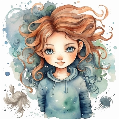 watercolour clipart of a girl, with crazy brawn hair, blue-gray eyes, the sweet and scatterbrained dreamer, with a great sense of humor. She immerses herself in the world of digital design, creating exquisite papers for scrapbook albums. Though she may often forget things, her delicate touch and gentle nature shine through her artistry, make her smiling, exalted mood, white background, 8k, f1