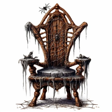 a fantasy clipart of an old wooden halloween chair, include spider webs, white backgroudn no paint drips, high detail