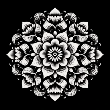 mandala made of flowers , in circle shape, ornate, lineart, clipart, black and white, png , black background, realistic