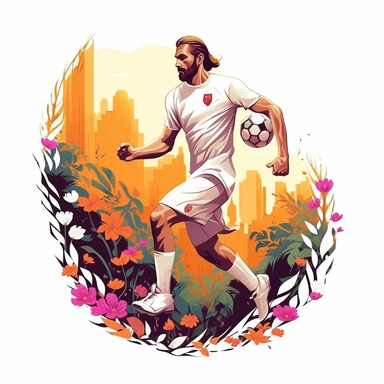 white background, football player with ball on foot, closeup, sticker, artwork of t shirt graphic of majestic forest, in digital painting style , beautiful flowers, sunset mountains and clouds , big vines, stone temple covered in vines , plants surround, highly detailed clean, vector image, photorealistic masterpiece, professional photography, realistic, flat white background, isometric, vibrant vector, clipart, illustration, realism, 4k, , cinematic, front view, paradise, extremely white backgr