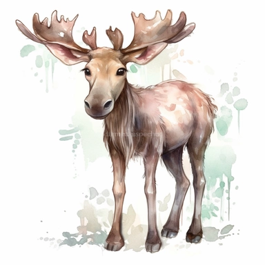 Cute moose in its natural state clipart ,happy expression, shaggy deep shade of brown fur, has broad antlers,standing in elegant pose,front view, in the style of watercolor cartoon clipart, kate greenaway style, high resolution, composition free space, pastel color scheme, soft and tender, watercolour clipart, watercolor illlustration for kids and children,isolated white background, clipart most popular on etsy, book illustration, featured on dribble,print on demand image, PNG tranparent backgro