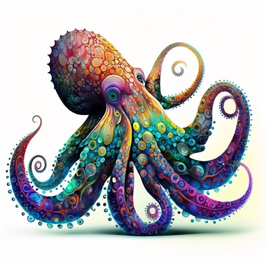 psychedelic octopus, bright colours, water colours, clipart, retro-futuristic, colorful, bright, highly-detailed, hyper-realisitic, no ground shadow ,no runs ,no drips, CLEAR WHITE BACKGROUND