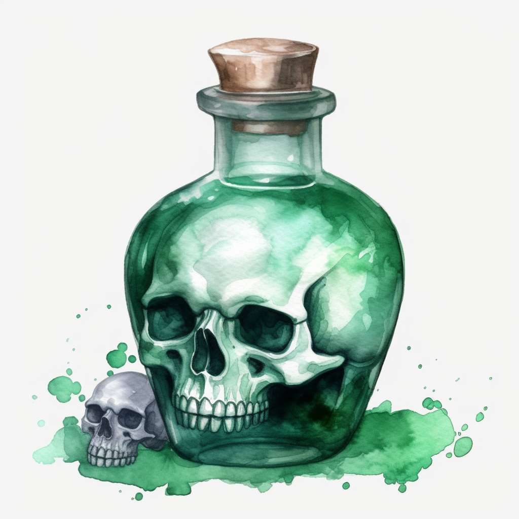 green posion potion, deep green color, skull on the flask, detailed ...