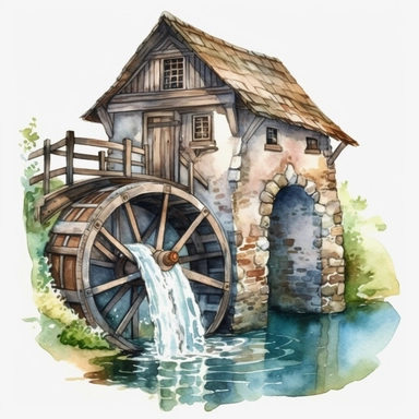 Colorfull clip art watercolor, Paint a watercolor clipart image of a water wheel in a historical setting, such as a medieval town or village. The water wheel could be used to power a variety of machinery, such as a blacksmith's forge or a sawmill, 8k
