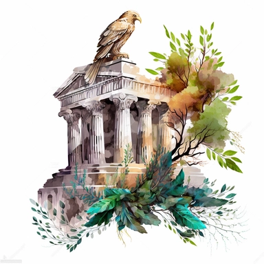 A Beautifull Temple of Apollon, Plants,vine leaves, greece plants with watercolor effect, a big eagle fantastic scene,suitable for digital cliparts,white background,antience greek style,mythologic scene