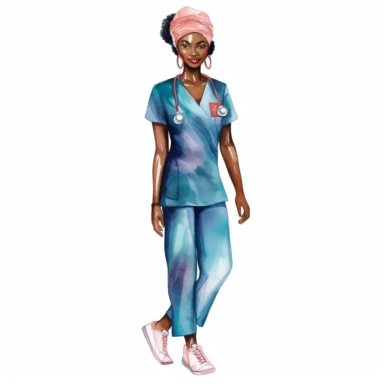 single black woman nurse watercolor clipart. Full body