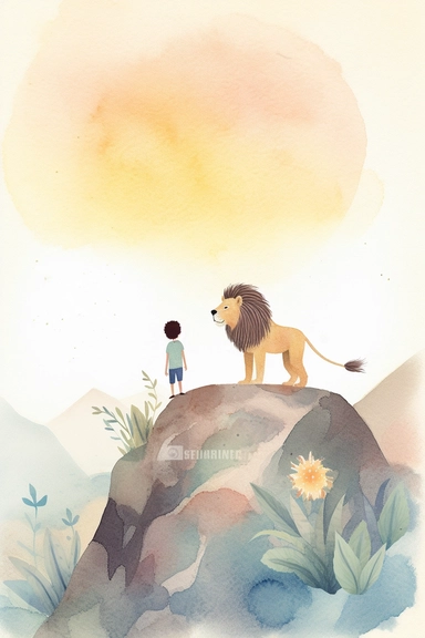 A 5 years old boy and a lion standing side by side on a cliff and sun rising, isolated on white background, clipart, loose, watercolor gouache, textured, paper, naive folk art, whimsical, in the style of Lilla Rogers agency illustrator, isometric perspective, storybook style, pastel color, subtle patterns, stripes, dots, floral