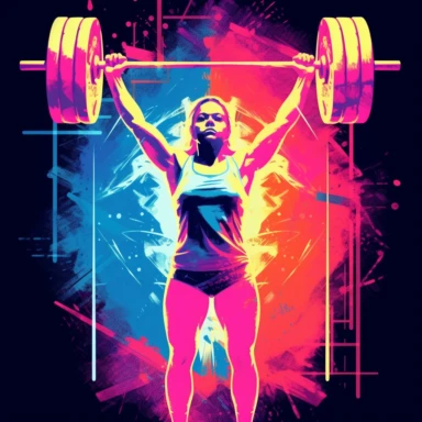 T shirt design, female olympic weightlifting lifting the barbell above head, gym, equipment, lights, clipart