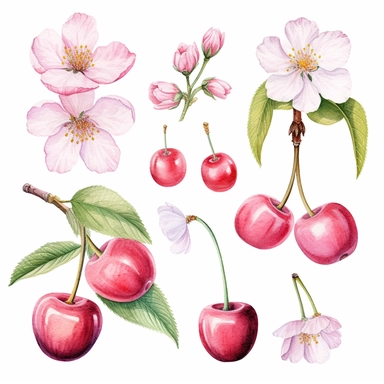 watercolor clipart set cherries attached to cherry blossoms