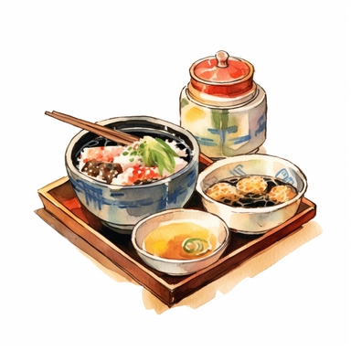 Kaiseki (traditional Japanese multi-course meal) watercolor clipart in white background