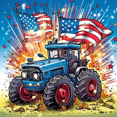 Super cute, American flag with tractor and firework Sublimation Clipart, Cartoon funny, Cute anime, Very detailed, blue sky colorful background