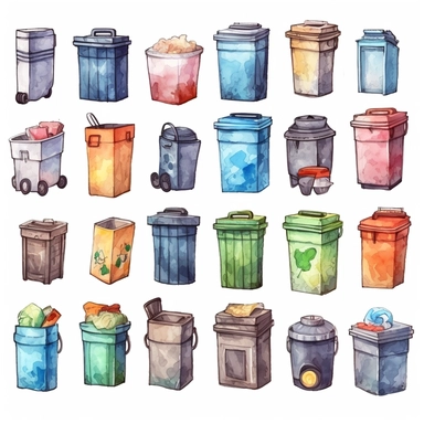 watercolor, Waste collection, segregation and recycling infographic: garbage separated into different types and collected into waste containers, each bin holds a different material png Full body realistic cartoon in 32K UHD cute. 15 cm thick outline. Black color. There was no shadow on the ground. 8k with realistic watercolors and detailed illustrations. PNG clipart, transparent white background