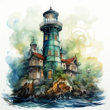 Fantasy dreamlike lighthouse Clipart, Watercolor, hyper realistic, intricate detail, illustration style, high resolution, on the white background
