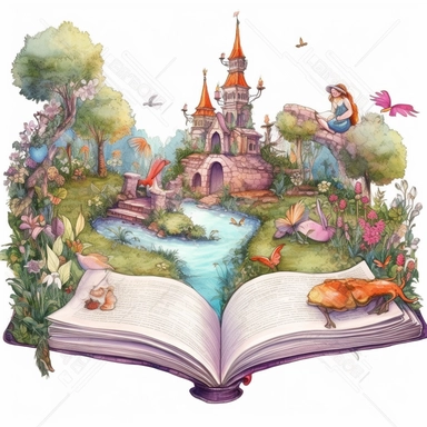 an opened magical fairy Fantasy Book with a whimsical botanical garden filled with a castle and magical fairies and hippos imerging out of the fantasy book. in a mesmerizing clear lined detailed and realistic watercolor illustration style using bold and saturated colors. It is a png clipart on a white background, it should be easy to cutout and remove the background from, so only use saturated colors around the edges of the clipart. The composition is central with a clear outline.