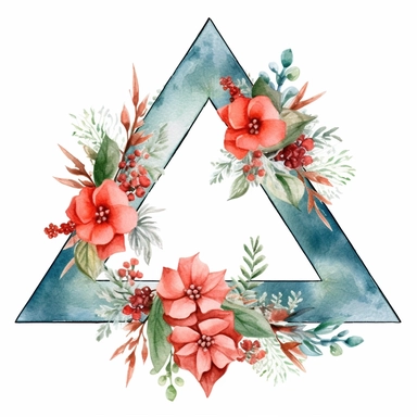 one Christma triangle flower frame clipart seamles ornament on a white background, in the style of watercolor landscapes, red and green, no watermark, text, 300 DPI , typography, shapes do not stick together, no text in the picture, on a white background