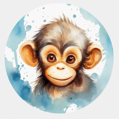 watercolor clipart, white background, cute and adorable playful monkey, perfect for stickers and print on demand, by François Boucher