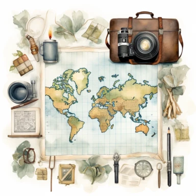 watercolour, travel theme, map, journal, soft and muted nuances, high quality detail, clipart, 8k, f1