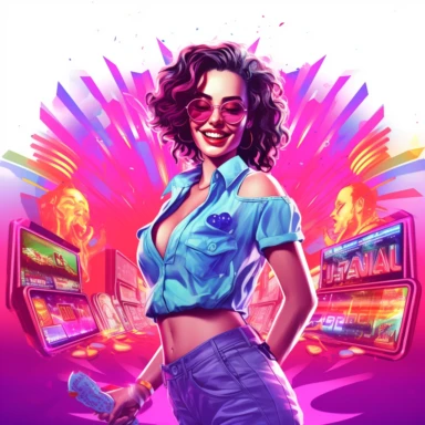 synthwave-styled young woman, hot smile, winking, love sign with hands, casino in the background , full-body , watercolor , in the style of dan mumford, light magenta, tropical symbolism, cute and colorful, transparent layers, rounded, vibrant and colorful, clipart, white background, high detail, individual elements