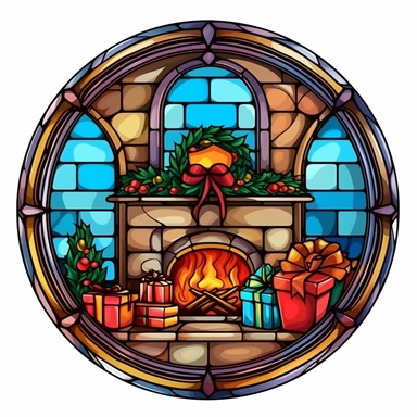Circle stained glass of Christmas gifts lying by the fireplace, clipart on solid white background