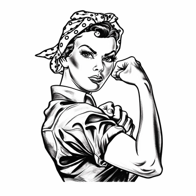Rosie the Riveter, black and white clipart, perfect fist, no watermarks, vector quality, blank white background, highly detailed